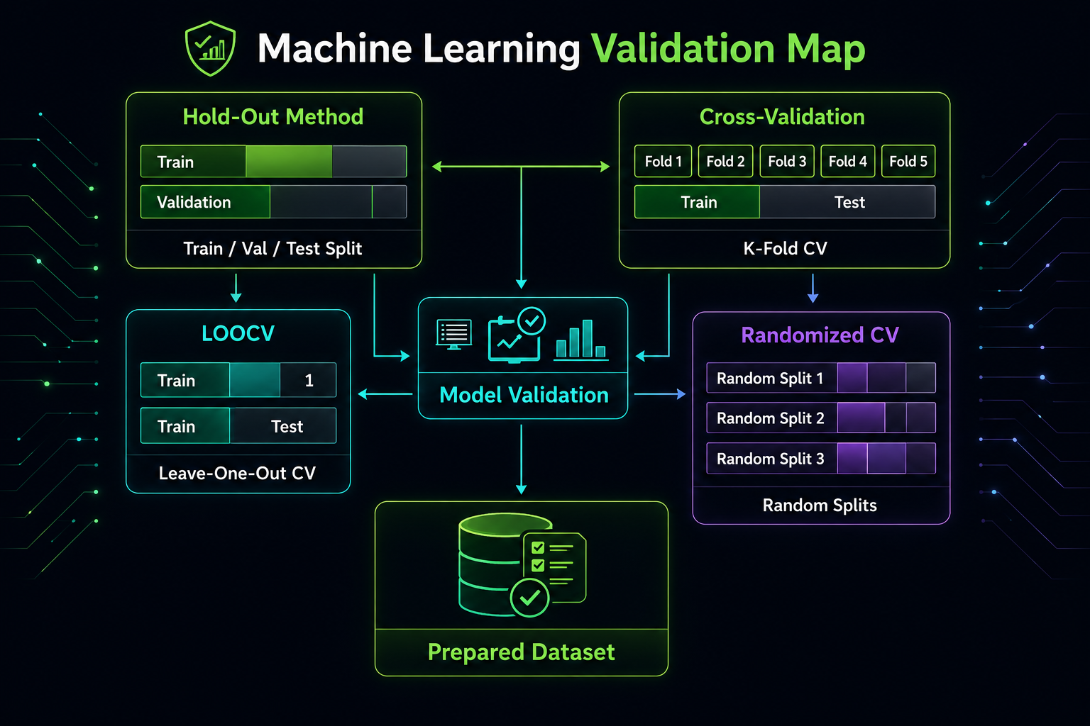 Diagrama de técnicas de selección de datos y validación en Machine Learning.