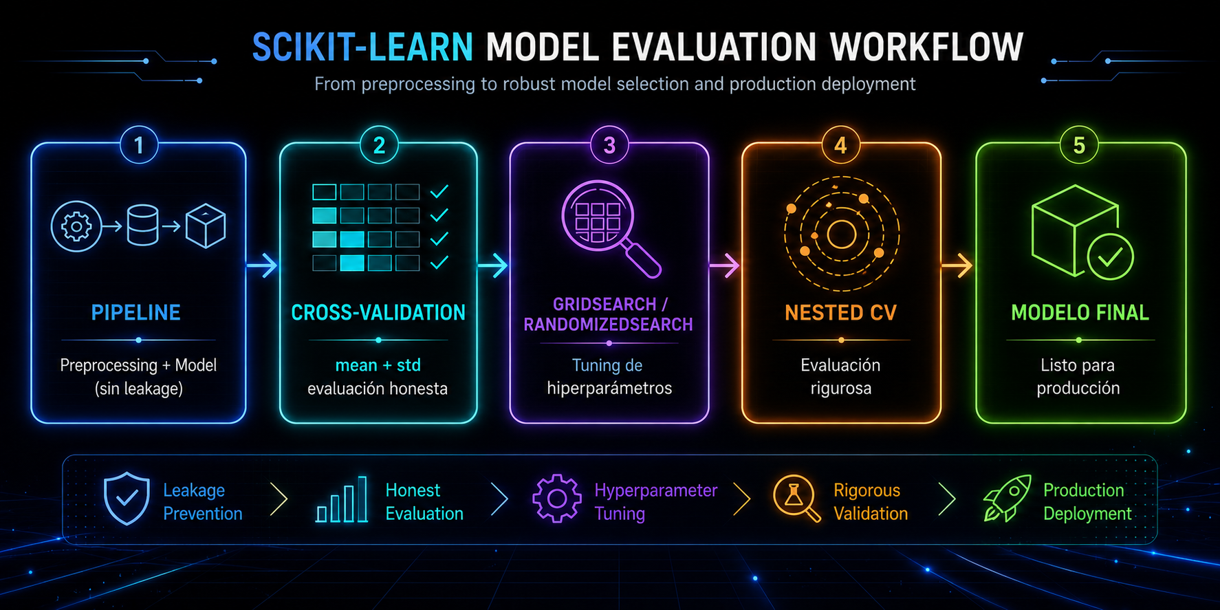Diagrama de validación cruzada y GridSearch en un pipeline de Scikit‑Learn