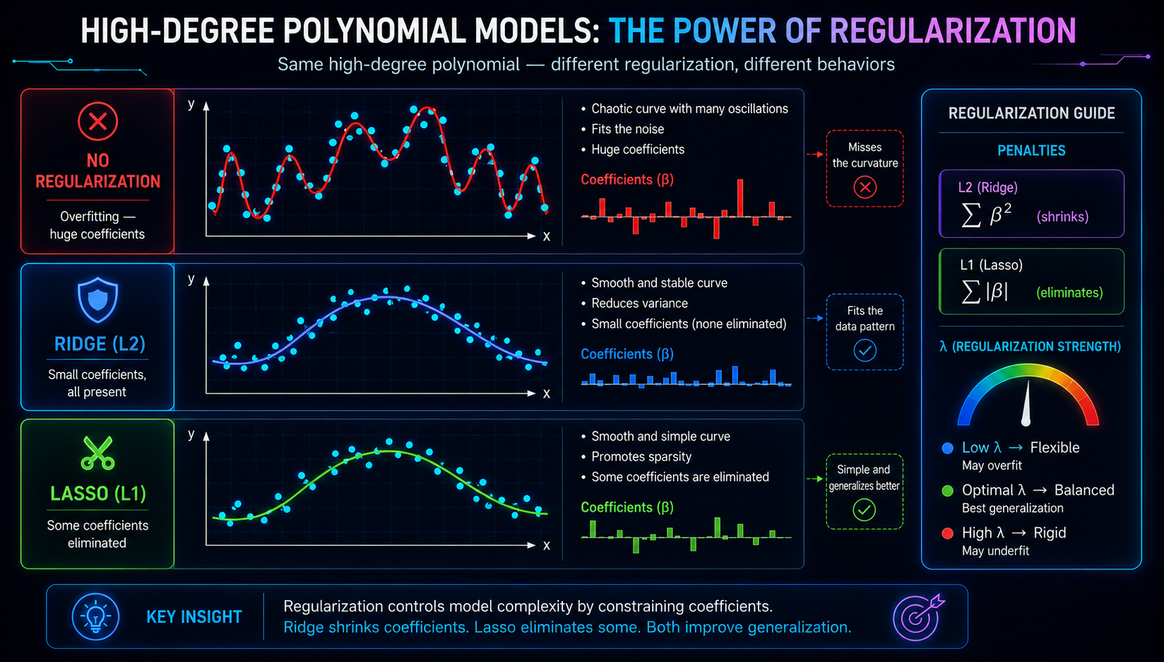 Comparación visual entre modelos sin regularización, Ridge y Lasso mostrando el efecto sobre la curva y los coeficientes