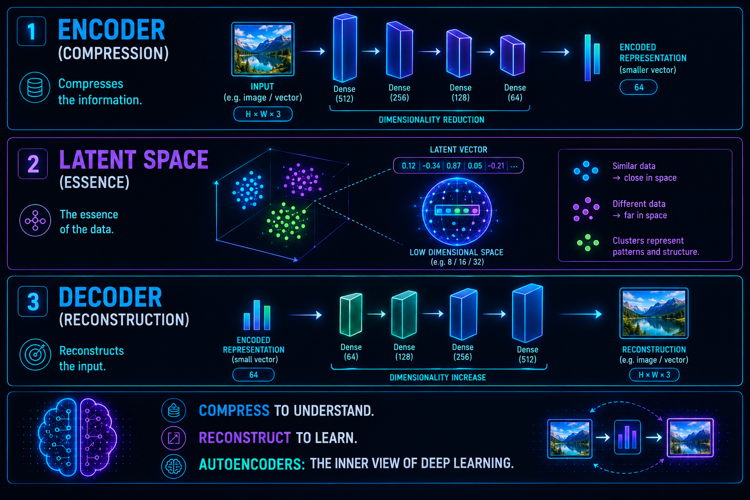Diagrama mostrando encoder, latent space y decoder en un Autoencoder.