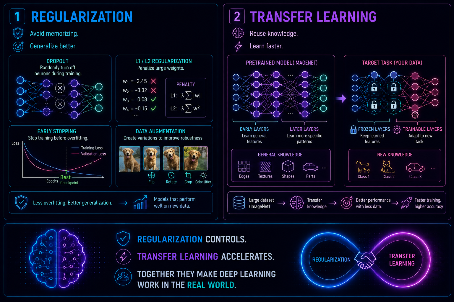 Diagrama mostrando técnicas de regularización y el flujo del Transfer Learning en redes neuronales